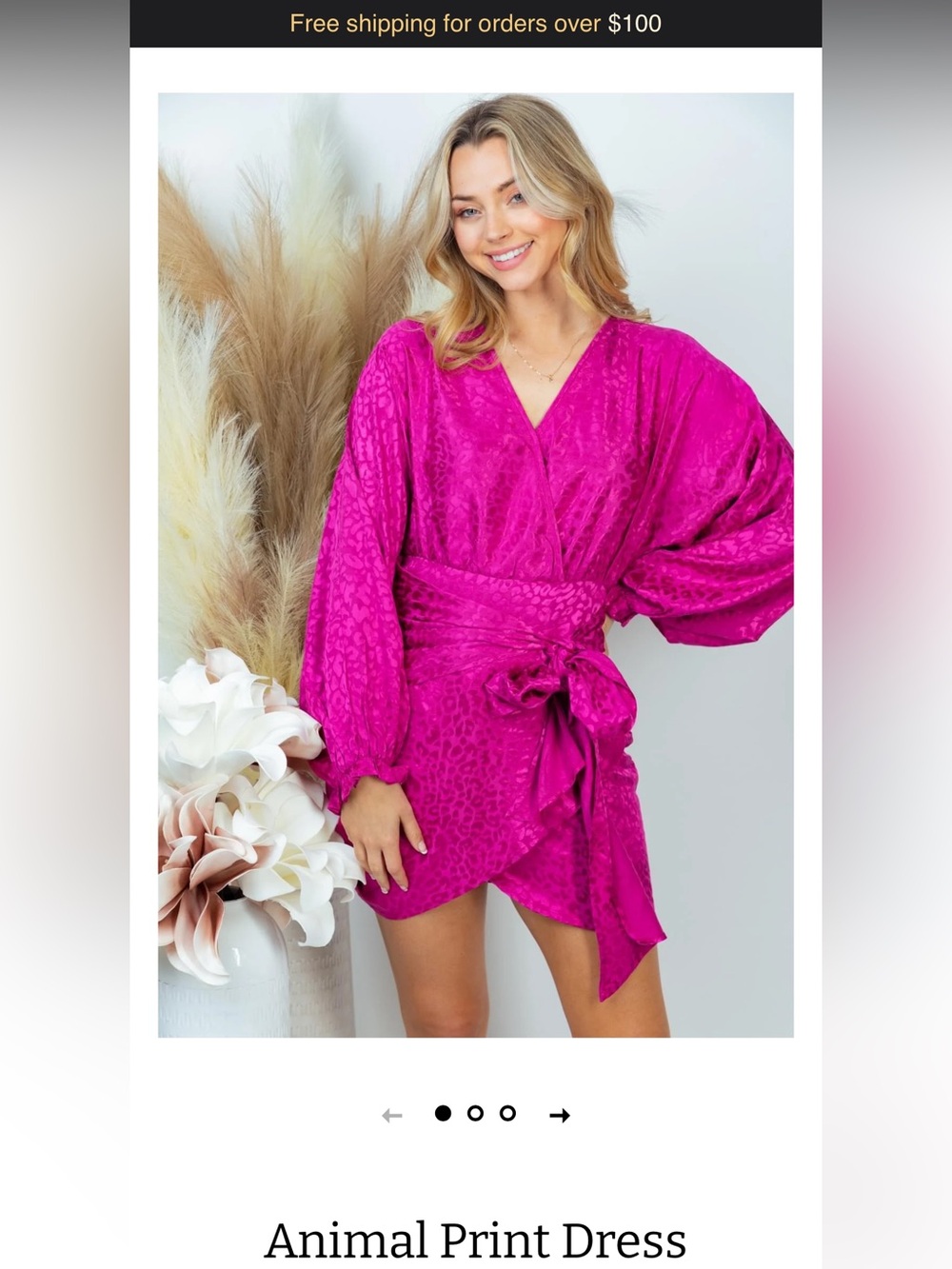 Fuchsia Satin Wrap Robe Dress with Tie Waist